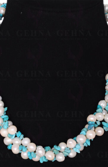 3 Rows Of Pearl & Turquoise Uncut Bead 32″ Inches Long  Twisted Necklace NM-1038