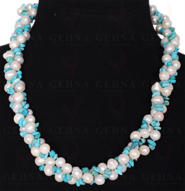 3 Rows Of Pearl & Turquoise Uncut Bead 32" Inches Long  Twisted Necklace NM-1038