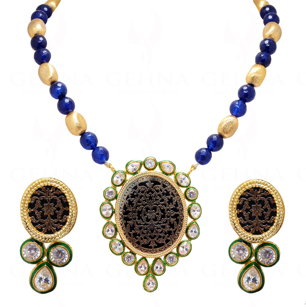 Blue Thewa Work Pendant & Earring Set Attached With Blue Onyx Bead Chain FN-1039