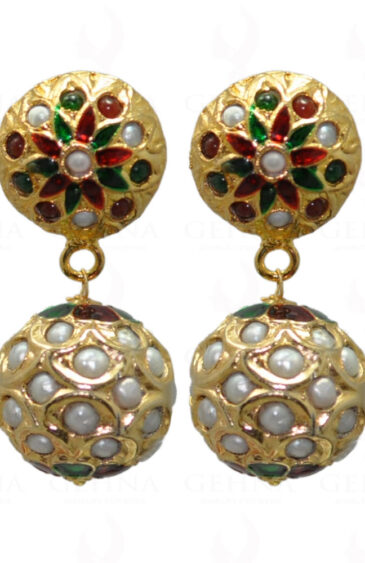 Pearl & Ruby Stone Studded Jadau Ball Earrings With Enamel Work LE01-1039