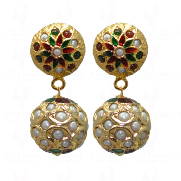 Pearl & Ruby Stone Studded Jadau Ball Earrings With Enamel Work LE01-1039