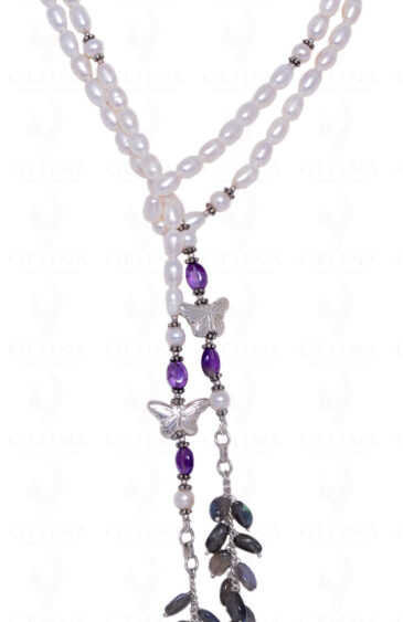 Pearls, Labradorite, Lapis & Amethyst Bead 52″ Inches Long Necklace NM-1039