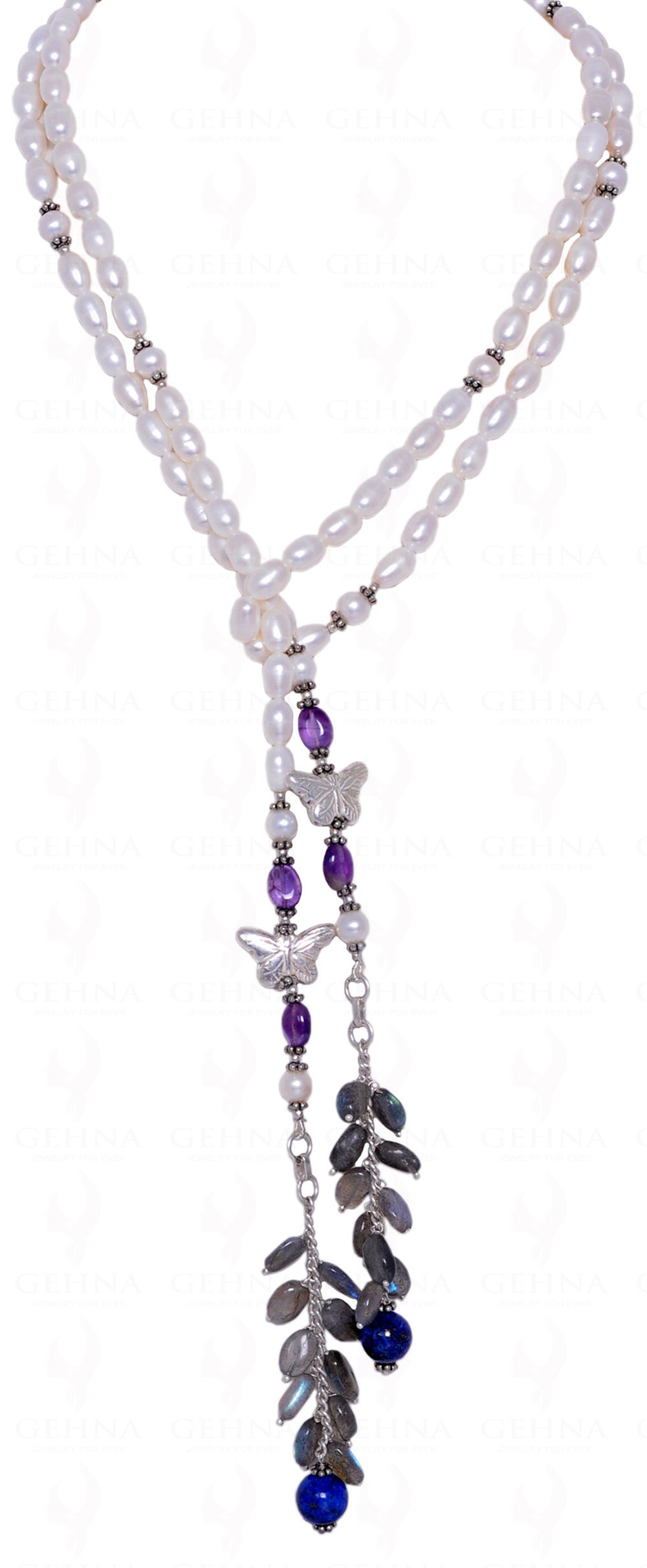 Pearls, Labradorite, Lapis & Amethyst Bead 52" Inches Long Necklace NM-1039