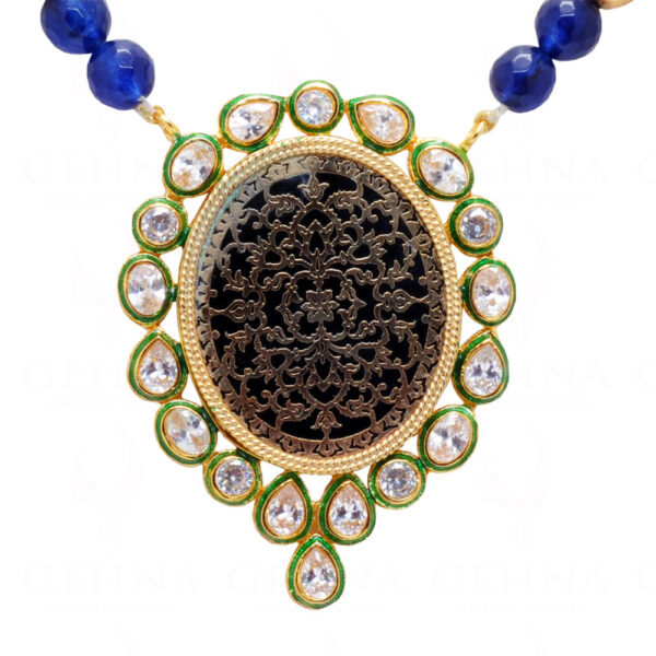 Blue Thewa Work Pendant & Earring Set Attached With Blue Onyx Bead Chain FN-1039