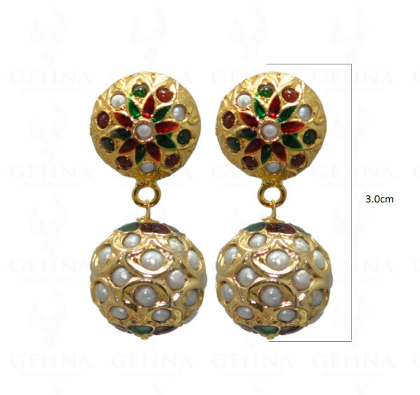 Pearl & Ruby Stone Studded Jadau Ball Earrings With Enamel Work LE01-1039