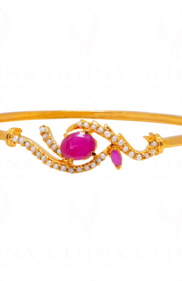 Ruby & Pearl Studded Stylish Gold Plated Bracelet FB-1040