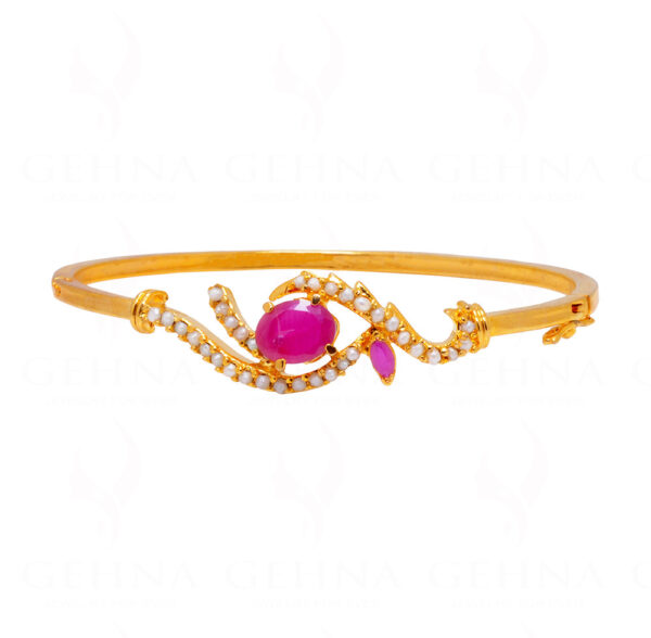 Ruby & Pearl Studded Stylish Gold Plated Bracelet FB-1040