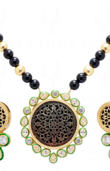Black Thewa Work Pendant & Earrings Attached With Black Onyx Beads FN-1040
