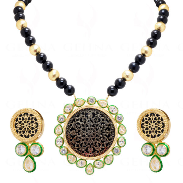 Black Thewa Work Pendant & Earrings Attached With Black Onyx Beads FN-1040