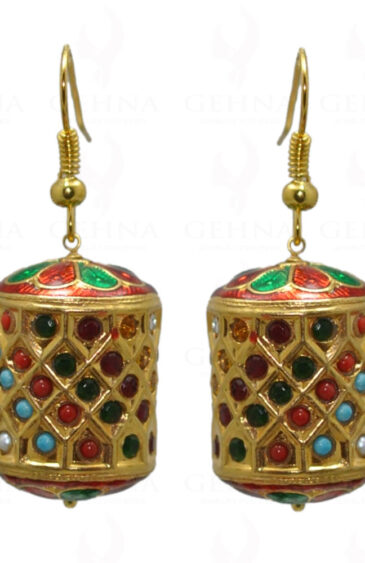 Navaratna Stone Studded Jadau Bead Earrings With Enamel Work LE01-1040