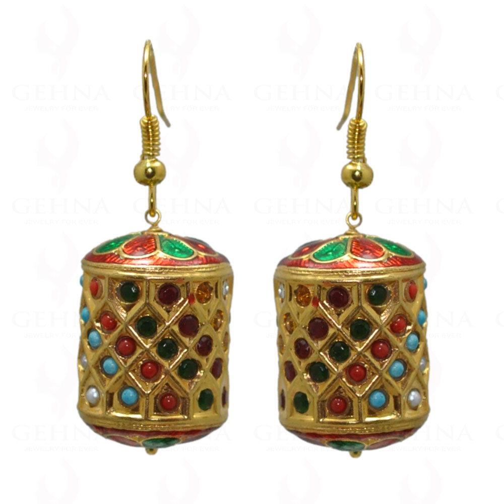 Navaratna Stone Studded Jadau Bead Earrings With Enamel Work LE01-1040