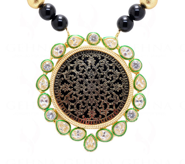 Black Thewa Work Pendant & Earrings Attached With Black Onyx Beads FN-1040