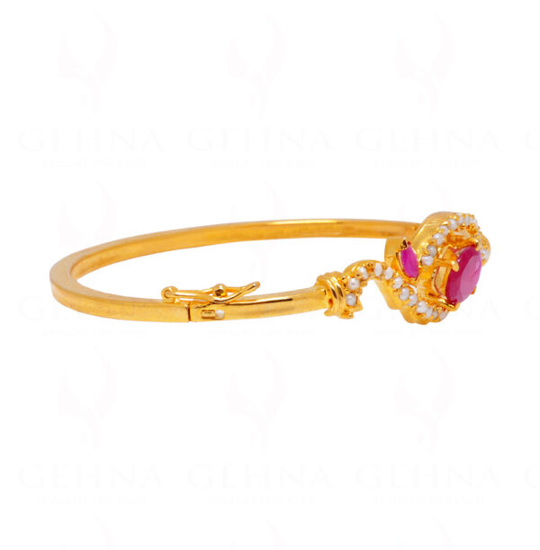 Ruby & Pearl Studded Stylish Gold Plated Bracelet FB-1040