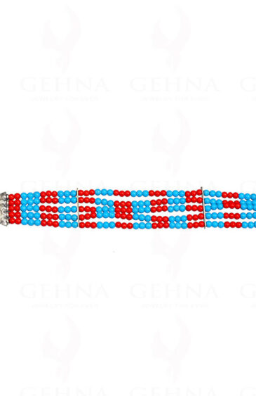 5 Rows Of Coral & Blue Turquoise Gemstone Bead Bracelet BS-1041