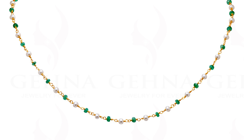 Natural Emerald Faceted & Pearl Bead Chain In .925 Sterling Silver Cm1041