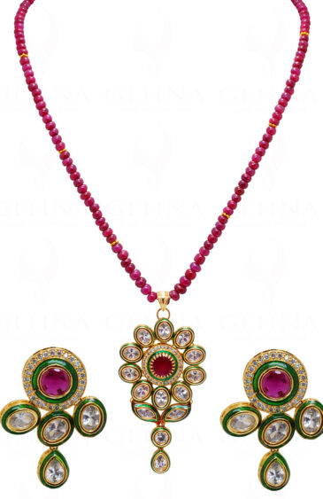 Ruby Studded Pendant & Earrings Attached With Ruby Gemstone Beads FN-1041