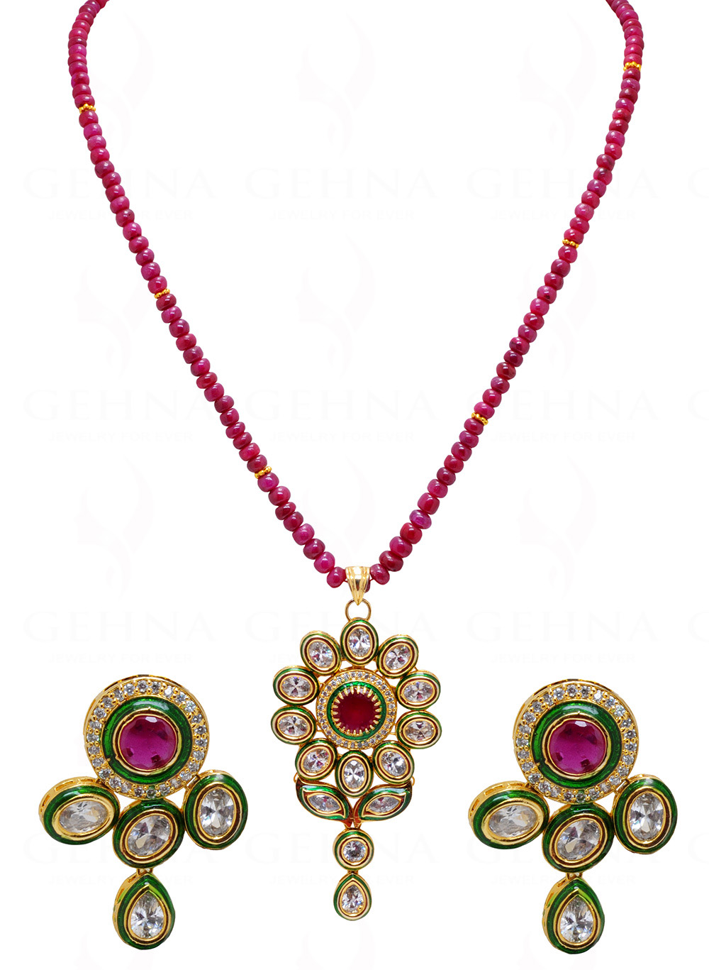 Ruby Studded Pendant & Earrings Attached With Ruby Gemstone Beads FN-1041