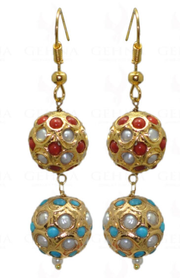 Pearl, Turquoise & Coral Stone Studded Jadau Bead Earrings LE01-1041