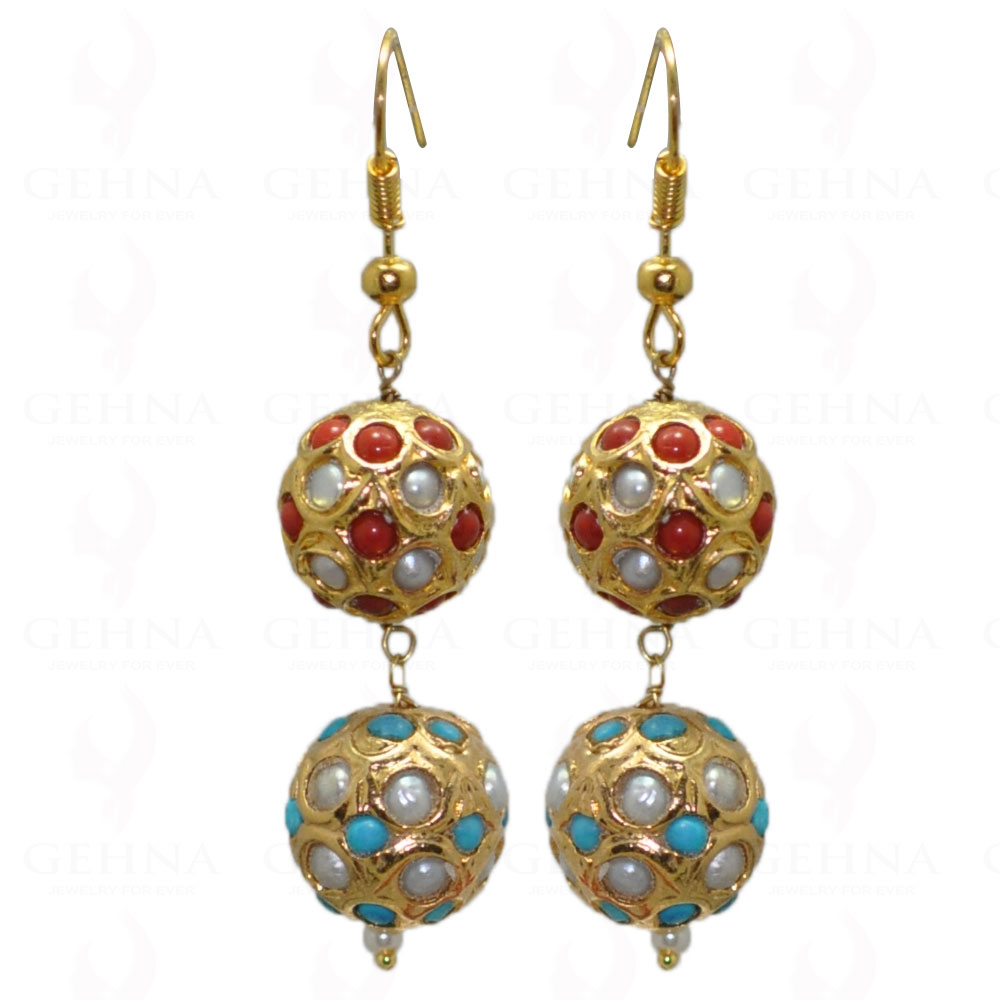 Pearl, Turquoise & Coral Stone Studded Jadau Bead Earrings LE01-1041