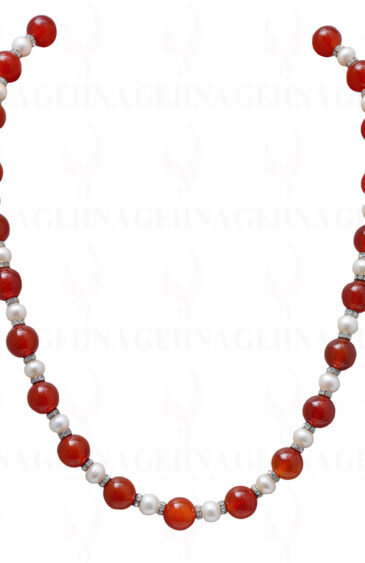 Necklace Of Natural Pearls & Carnelian Gemstone Bead With Silver Elements NM-1041