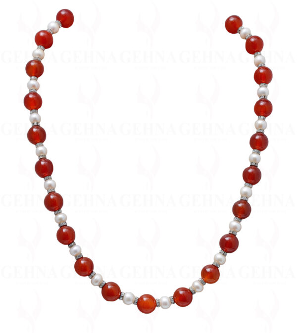 Necklace Of Natural Pearls & Carnelian Gemstone Bead With Silver Elements NM-1041