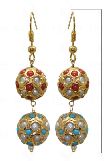 Pearl, Turquoise & Coral Stone Studded Jadau Bead Earrings LE01-1041