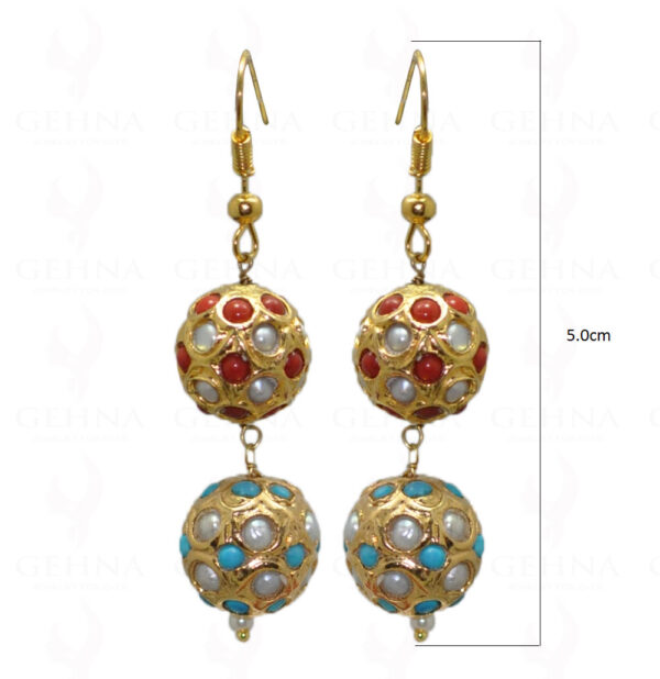 Pearl, Turquoise & Coral Stone Studded Jadau Bead Earrings LE01-1041