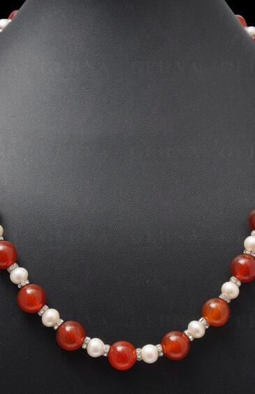 Necklace Of Natural Pearls & Carnelian Gemstone Bead With Silver Elements NM-1041