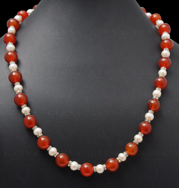 Necklace Of Natural Pearls & Carnelian Gemstone Bead With Silver Elements NM-1041