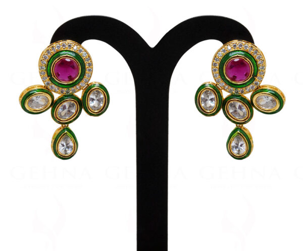 Ruby Studded Pendant & Earrings Attached With Ruby Gemstone Beads FN-1041