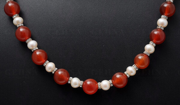 Necklace Of Natural Pearls & Carnelian Gemstone Bead With Silver Elements NM-1041