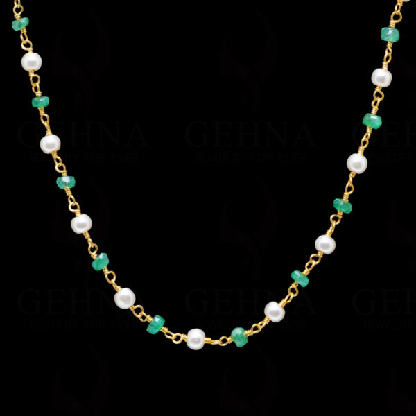 Natural Emerald Faceted & Pearl Bead Chain In .925 Sterling Silver Cm1041