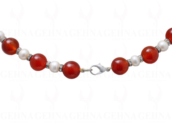 Necklace Of Natural Pearls & Carnelian Gemstone Bead With Silver Elements NM-1041