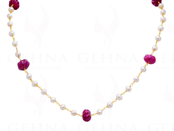 18" Beautiful Ruby Gem Melon & Pearl Chain In .925 Sterling Silver Cm1042