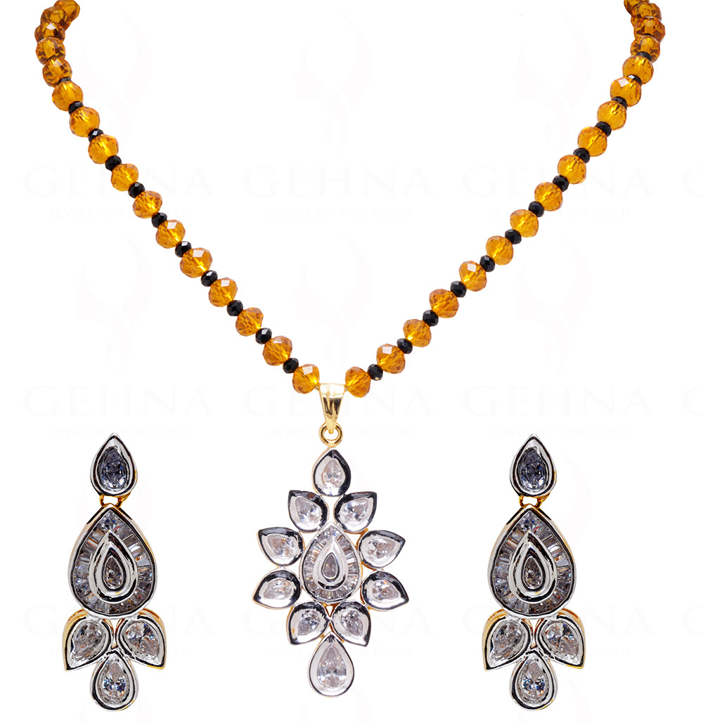 Topaz Studded Pendant & Earring Set With Multicolor Stone Bead Chain FN-1042