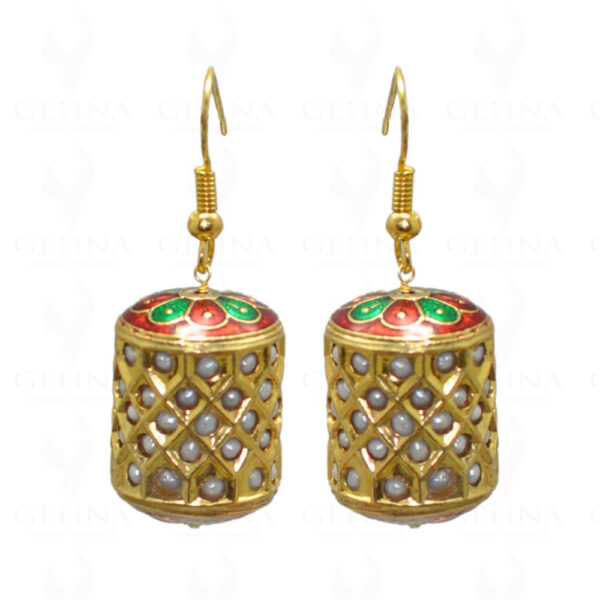 Pearl Studded Jadau Drum Earrings With Enamel Work LE01-1042