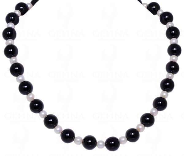 Natural Sea Water Pearl & Black Onyx Round Gemstone Bead Strand NM-1042