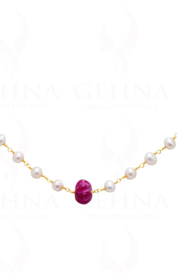 18″ Beautiful Ruby Gem Melon & Pearl Chain In .925 Sterling Silver Cm1042