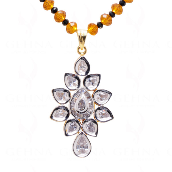 Topaz Studded Pendant & Earring Set With Multicolor Stone Bead Chain FN-1042