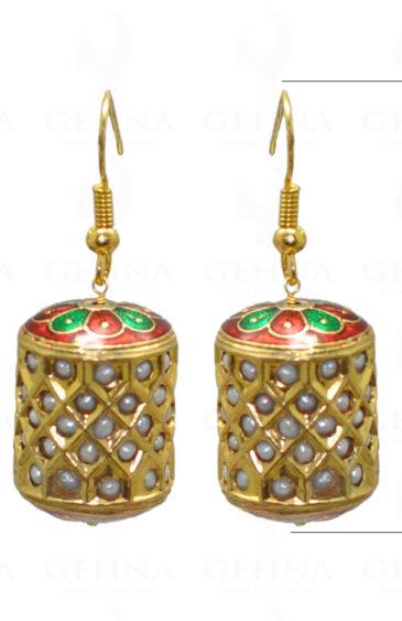 Pearl Studded Jadau Drum Earrings With Enamel Work LE01-1042