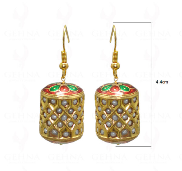 Pearl Studded Jadau Drum Earrings With Enamel Work LE01-1042