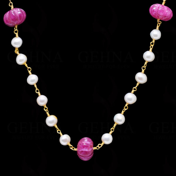 18" Beautiful Ruby Gem Melon & Pearl Chain In .925 Sterling Silver Cm1042