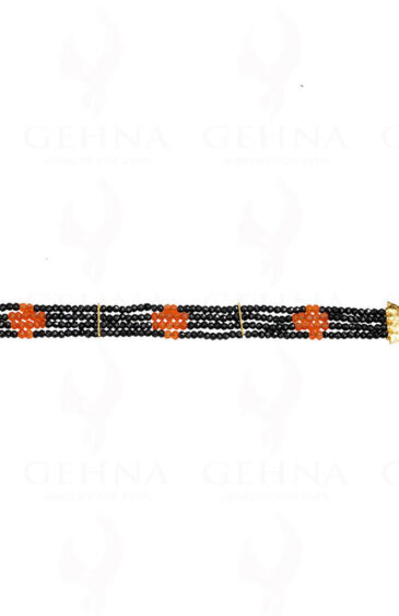 4 Rows Of Black Spinel & Carnelian Gemstone Faceted Bead Bracelet BS-1043
