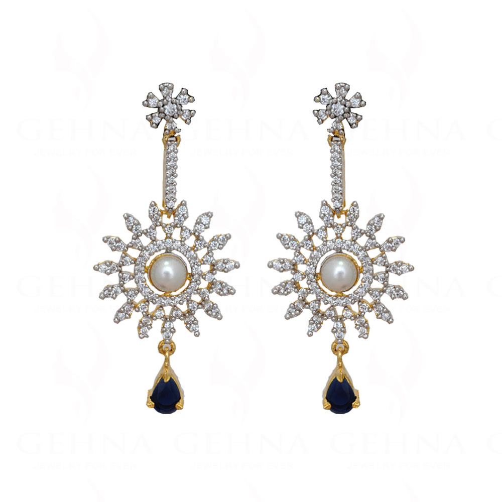 Freshwater Pearls, Simulated Diamond & Sapphire Studded Earrings FE-1043