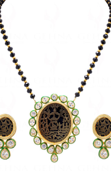 Thewa Work Pendant & Earring Set Attached With Black Spinel Color Beads FN-1043