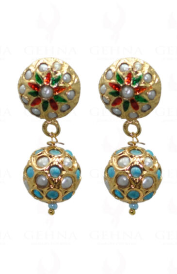 Pearl & Turquoise Stone Studded Bead Earrings With Enamel Work LE01-1043