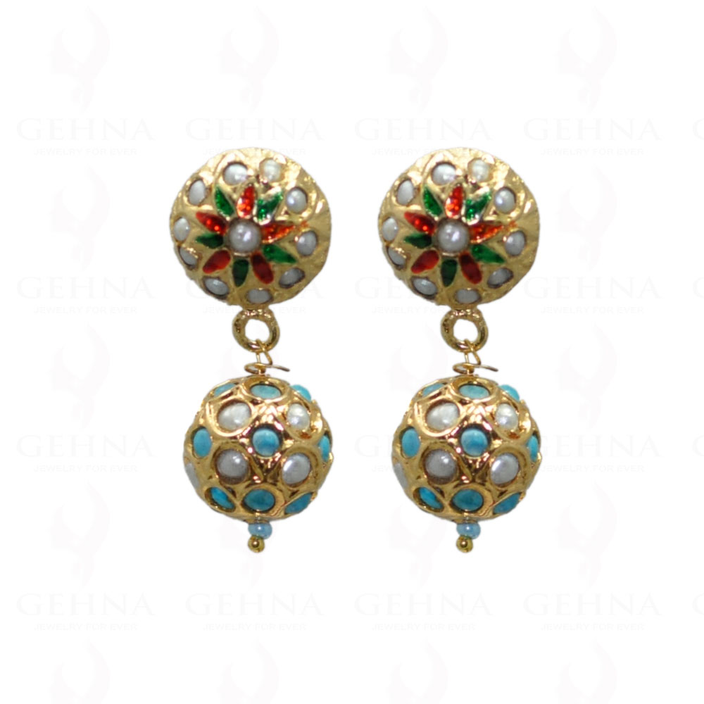 Pearl & Turquoise Stone Studded Bead Earrings With Enamel Work LE01-1043