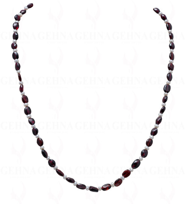 Fresh Water Pearl & Garnet Gemstone Oval Shape Bead Necklace NM-1043