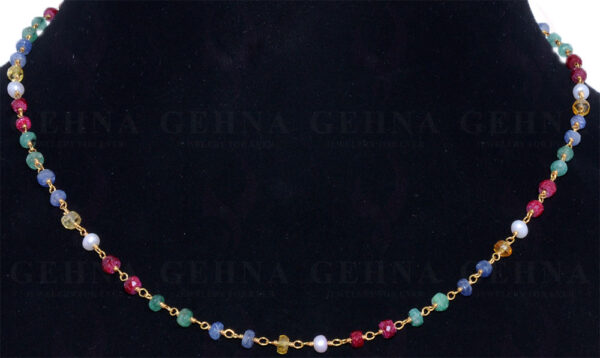 18" Multi Color Precious Gemstone Bead Chain In .925 Sterling Silver Cm1043