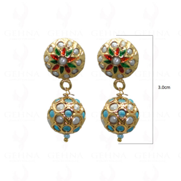 Pearl & Turquoise Stone Studded Bead Earrings With Enamel Work LE01-1043